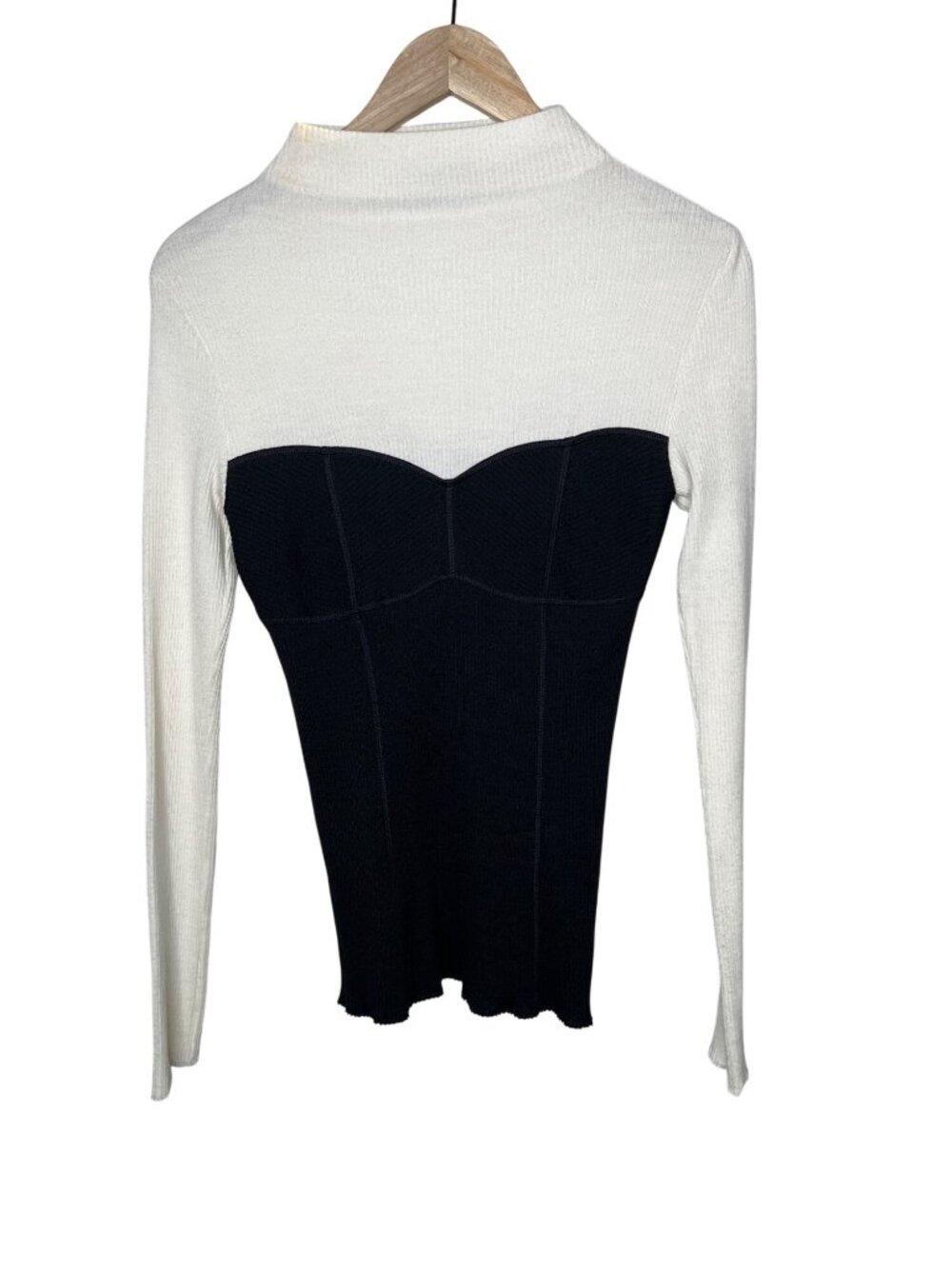 Theory Ribbed Knit Colorblock Bustier Seamtop Sweater Black White Med